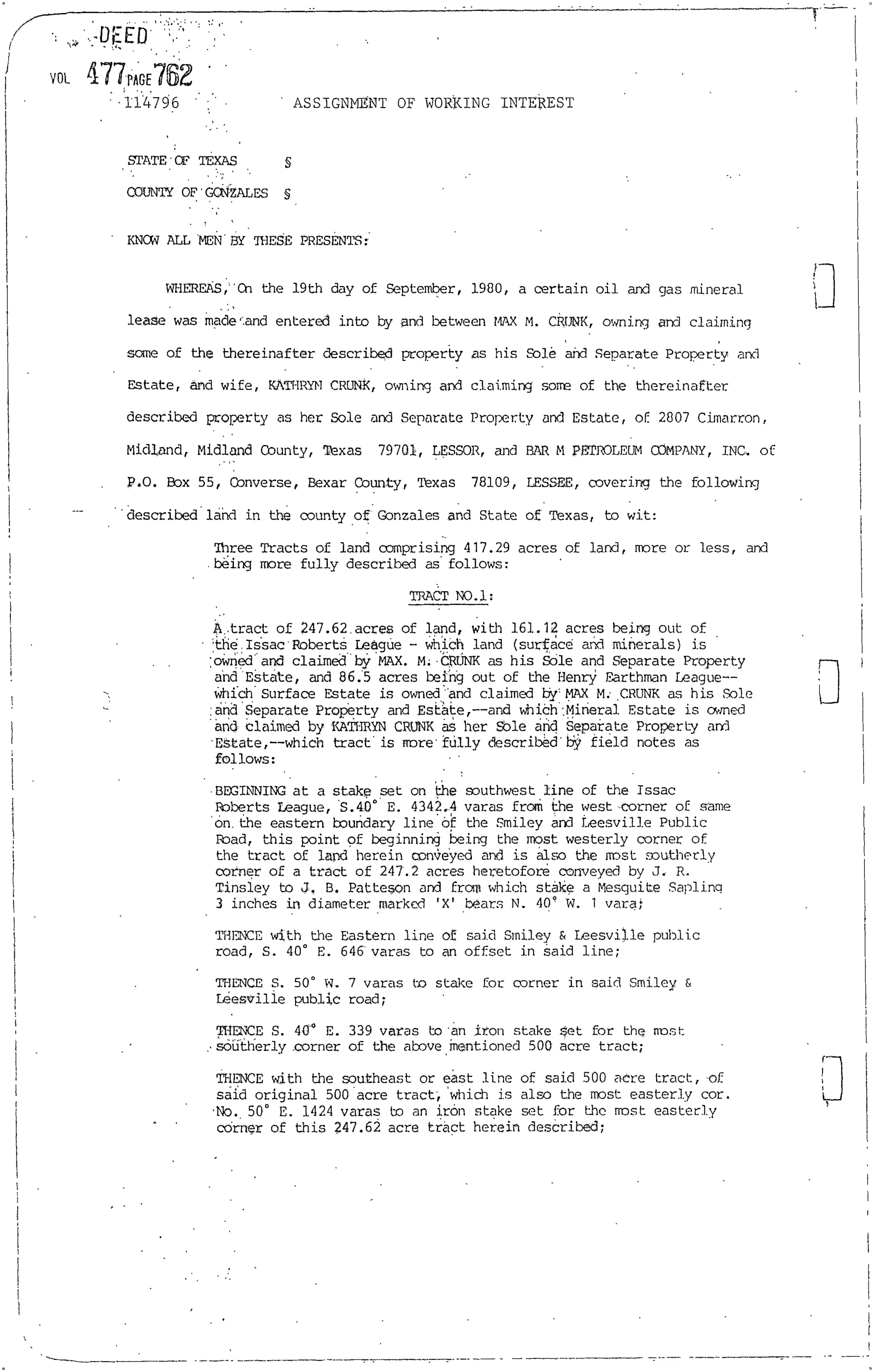 Bar M Petroleum Co Inc. - Recorded Assignment Etc (Vol. 477, Page 762)