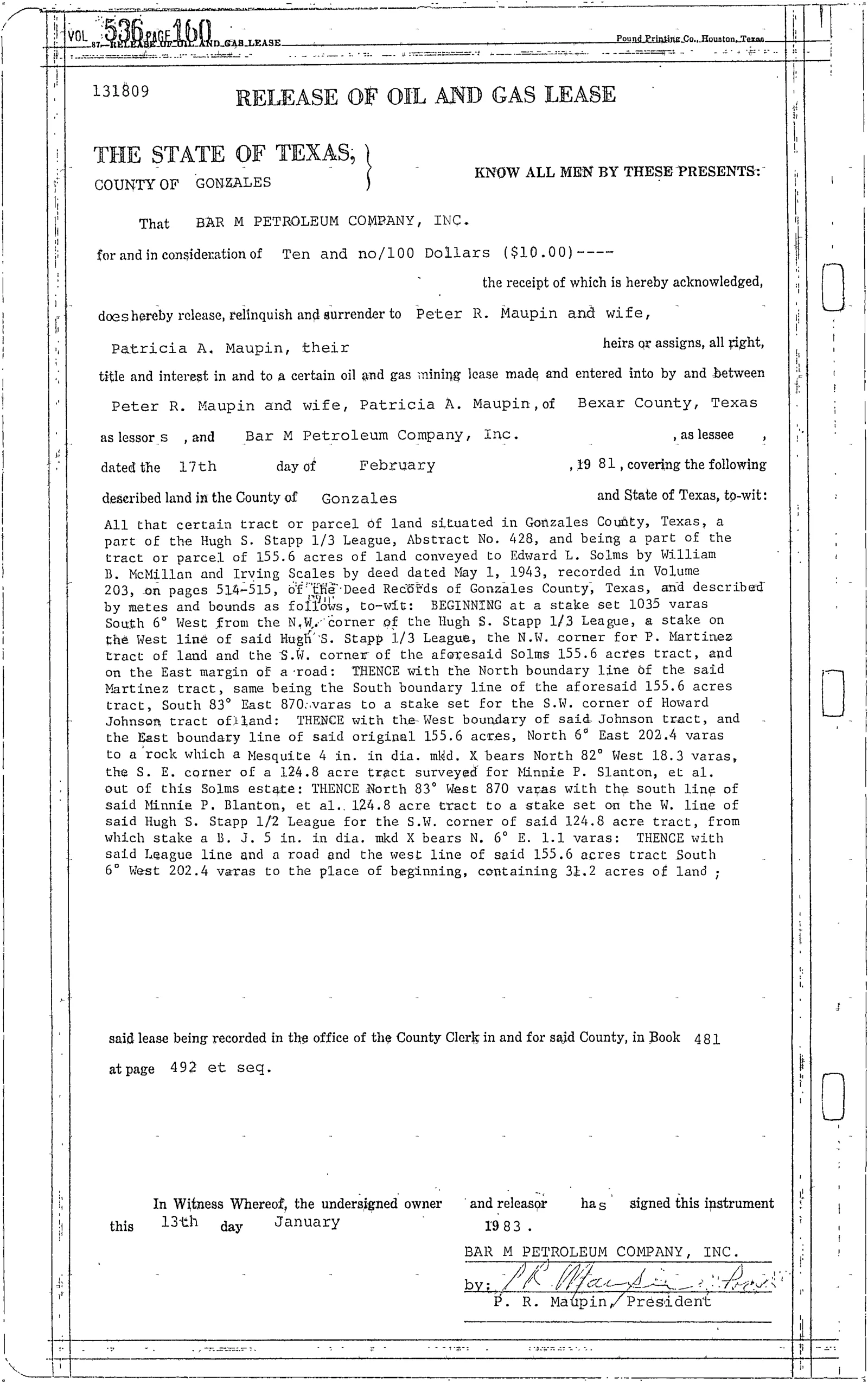 Bar M Petroleum Co Inc. - Recorded Release Oil Lease (Vol. 536, Page 160)